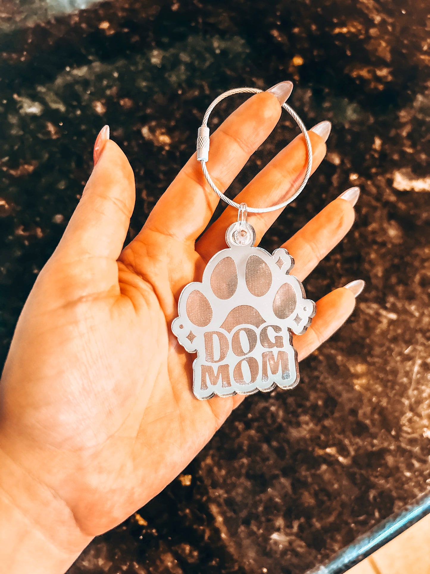 Dog Mom Bag Charm – Silver Mirror Acrylic Paw Print Keychain for Pet Lovers