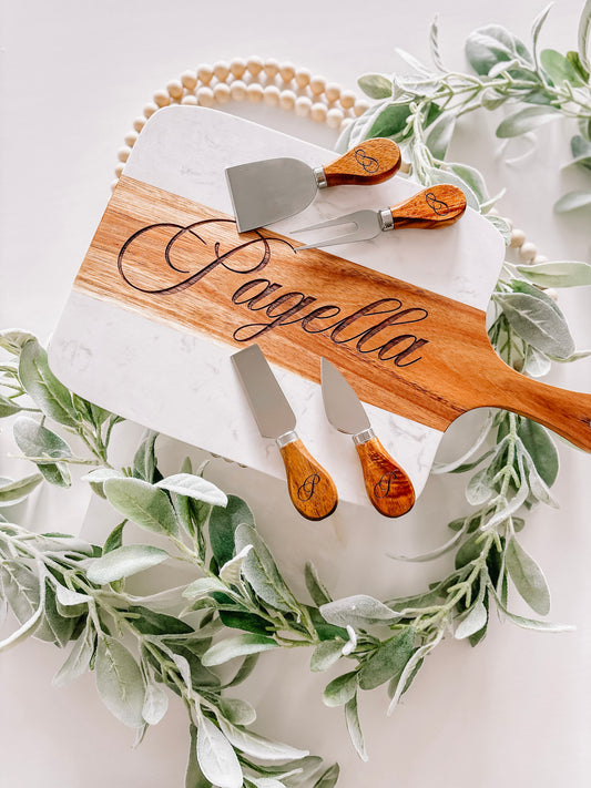 Personalized Charcuterie Board with Wooden Handle Cheese Knife Set
