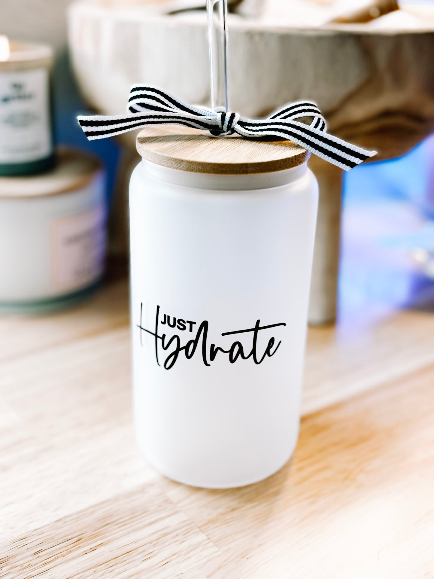 Glass "Just Hydrate" Cup with Bamboo Lid