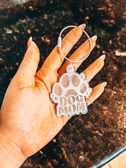 Dog Mom Bag Charm – Silver Mirror Acrylic Paw Print Keychain for Pet Lovers