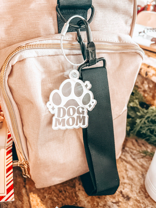 Dog Mom Bag Charm – Silver Mirror Acrylic Paw Print Keychain for Pet Lovers